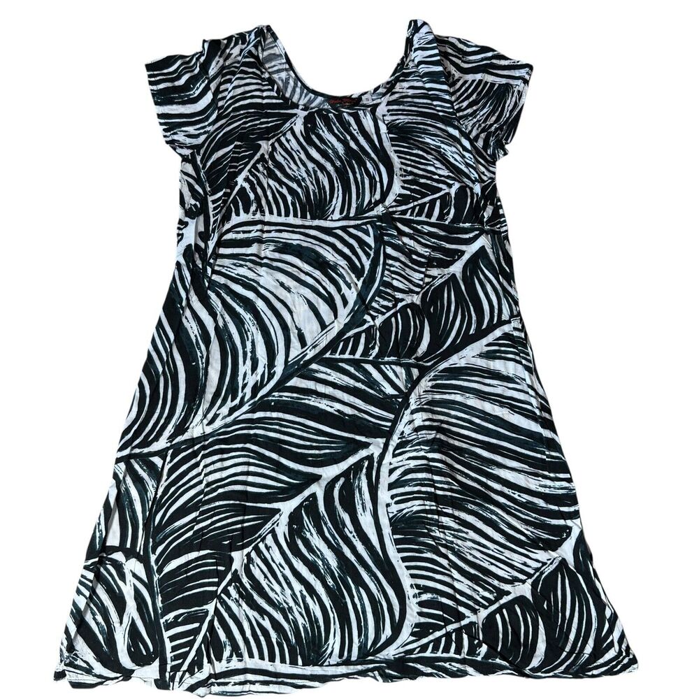 VTG Hula Moon By Jams World Leaf Mini Dress Women Sz. Small Black White Hawaiian